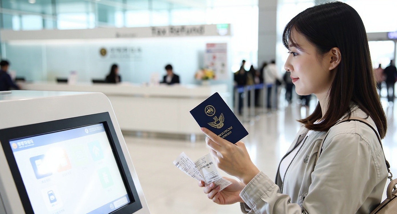 공항 택스 리펀드 키오스크에서 여권과 영수증으로 환급을 신청하는 여행자