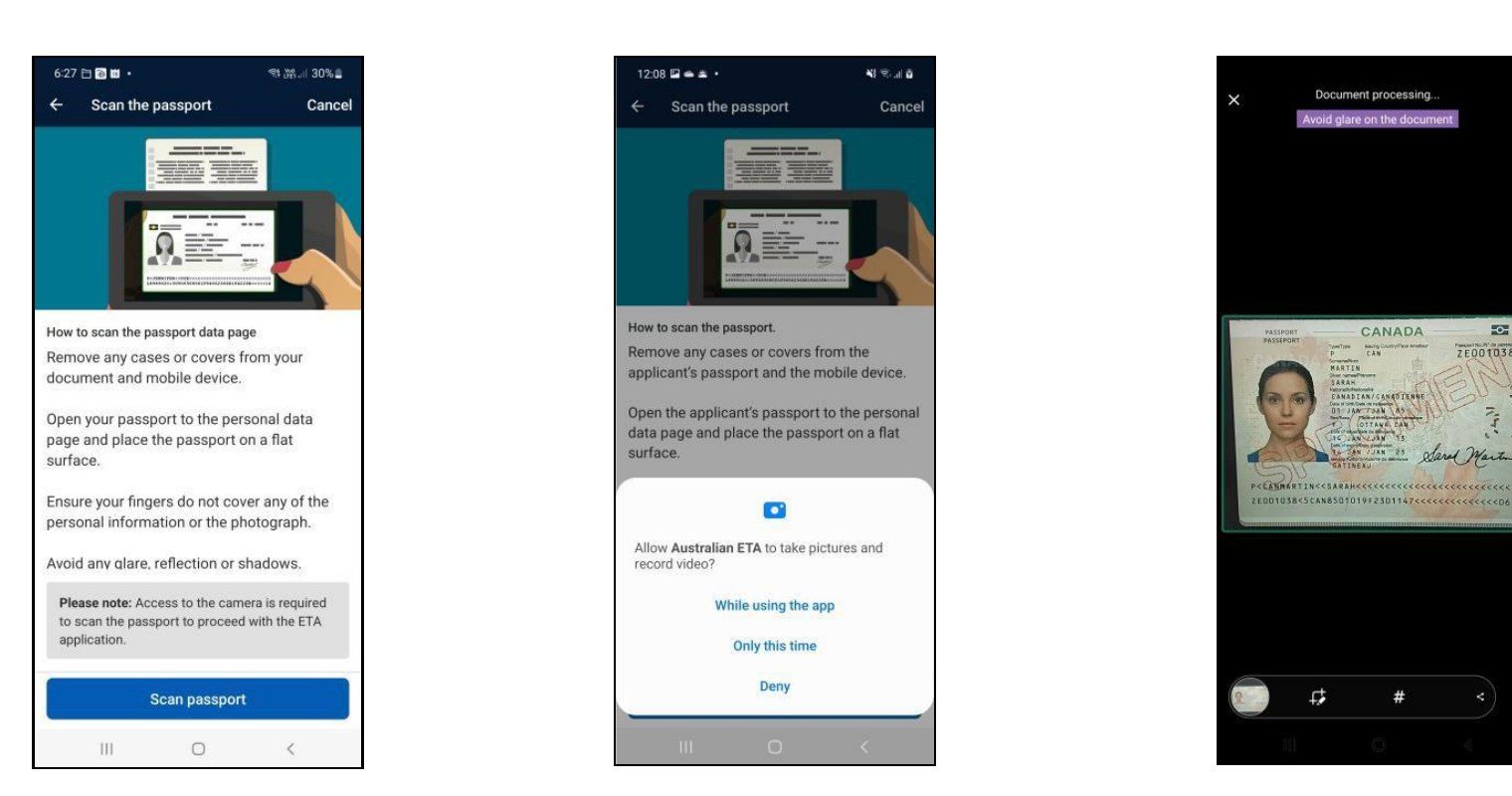 Australian ETA 앱의 여권 스캔 안내 화면과 카메라 권한, 여권 인식 화면