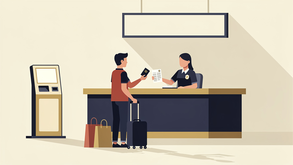공항 세관 카운터에서 여권과 택스프리 서류를 제시하고 옆에 셀프 키오스크가 있는 모습을 그린 일러스트